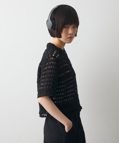 full/fill.（フルフィル）の「half sleeve crochet lace polo tops/ハーフスリーブクロシェレーストップス（ポロシャツ・レディース・ブラックミックス/ナチュラル/ブラック・FREE）」の5枚目の写真