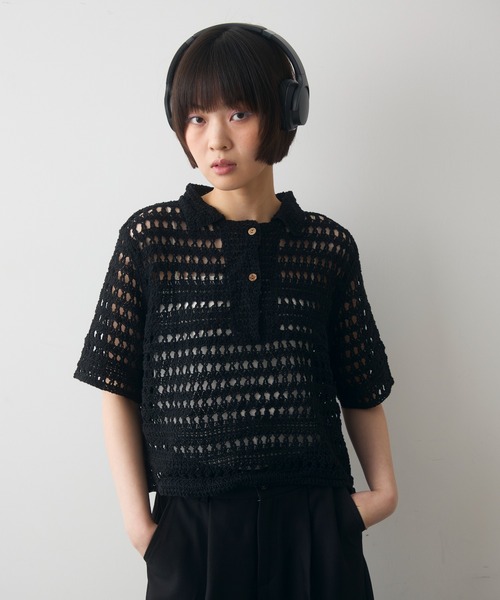 full/fill.（フルフィル）の「half sleeve crochet lace polo tops/ハーフスリーブクロシェレーストップス（ポロシャツ・レディース・ブラックミックス/ナチュラル/ブラック・FREE）」の4枚目の写真