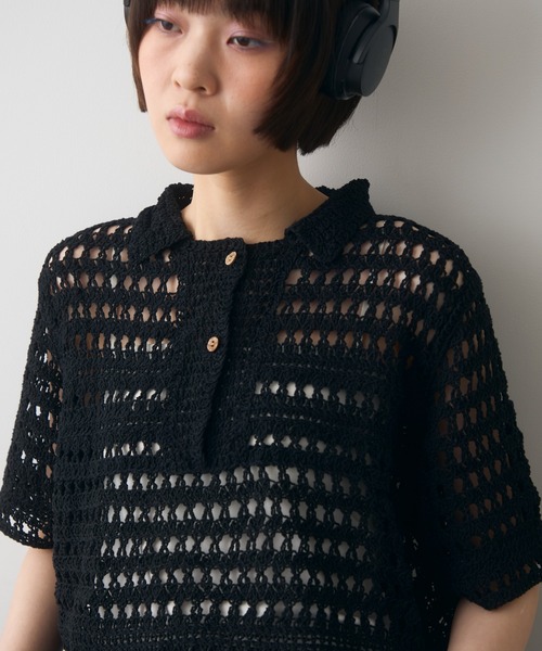 full/fill.（フルフィル）の「half sleeve crochet lace polo tops/ハーフスリーブクロシェレーストップス（ポロシャツ・レディース・ブラックミックス/ナチュラル/ブラック・FREE）」の7枚目の写真