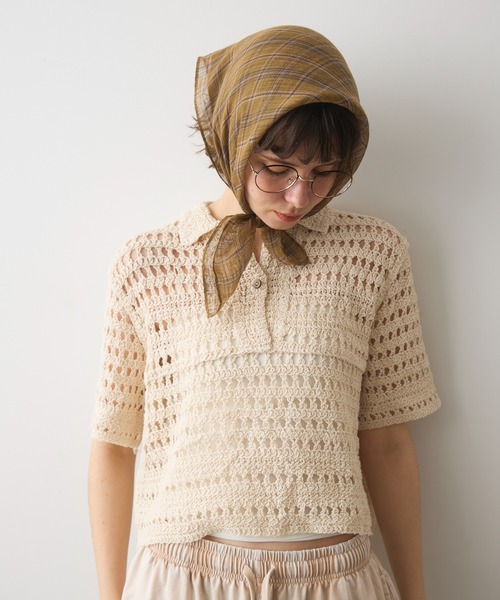 full/fill.（フルフィル）の「half sleeve crochet lace polo tops/ハーフスリーブクロシェレーストップス（ポロシャツ・レディース・ブラックミックス/ナチュラル/ブラック・FREE）」の16枚目の写真