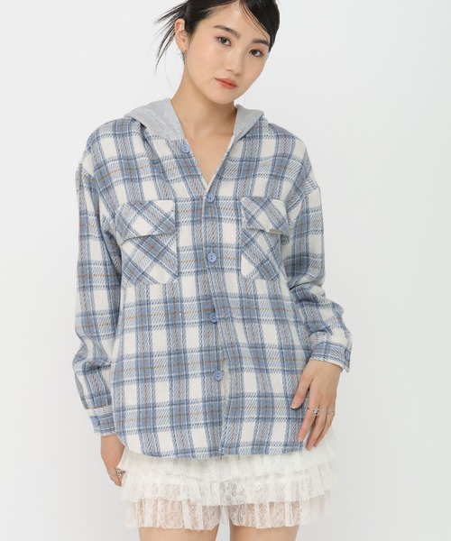 LAND MUSEUM(ランドミュージアム)の「【UNISEX】LAND MUSEUM/フード切り替え長袖シャツ(シャツ/ブラウス・メンズ・ブラック/ブルー・MEDIUM/SMALL/LARGE)」の1枚目の写真