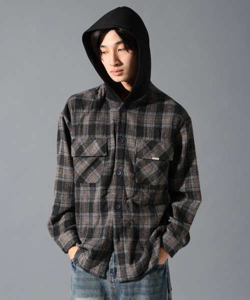 LAND MUSEUM(ランドミュージアム)の「【UNISEX】LAND MUSEUM/フード切り替え長袖シャツ(シャツ/ブラウス・メンズ・ブラック/ブルー・MEDIUM/SMALL/LARGE)」の2枚目の写真