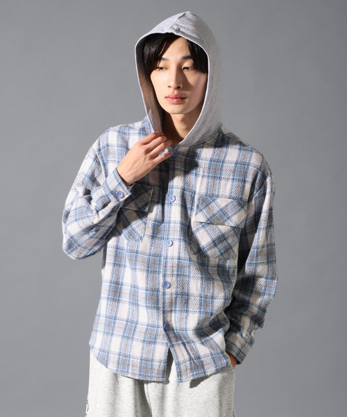 LAND MUSEUM(ランドミュージアム)の「【UNISEX】LAND MUSEUM/フード切り替え長袖シャツ(シャツ/ブラウス・メンズ・ブラック/ブルー・MEDIUM/SMALL/LARGE)」の3枚目の写真