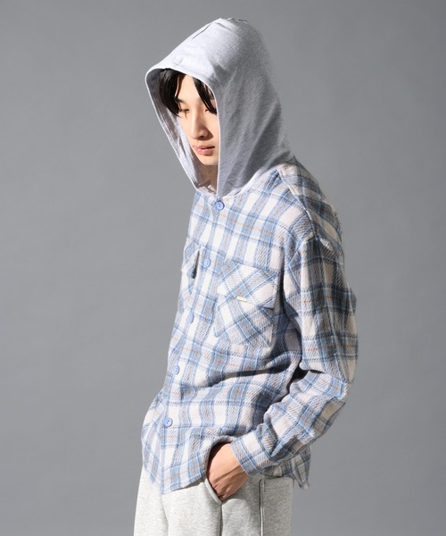 LAND MUSEUM(ランドミュージアム)の「【UNISEX】LAND MUSEUM/フード切り替え長袖シャツ(シャツ/ブラウス・メンズ・ブラック/ブルー・MEDIUM/SMALL/LARGE)」の4枚目の写真