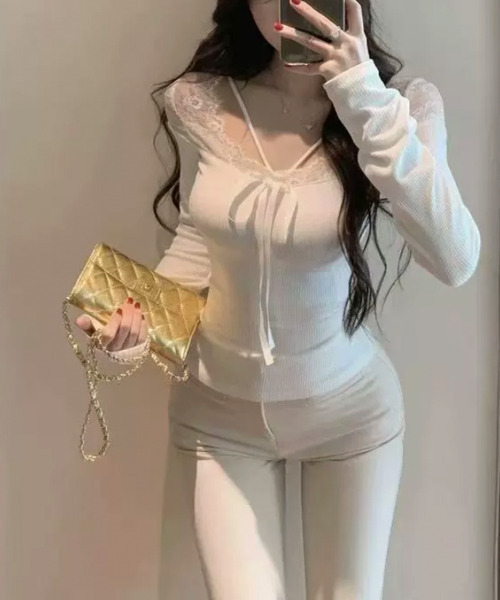 VIVID LADY（ビビッドレディー）の「レース切替 リボン付き カップインリブトップス（Tシャツ/カットソー・レディース・ブラウン/ホワイト/ブラック・FREE）」の7枚目の写真