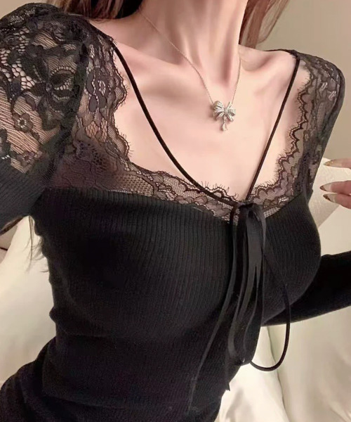 VIVID LADY（ビビッドレディー）の「レース切替 リボン付き カップインリブトップス（Tシャツ/カットソー・レディース・ブラウン/ホワイト/ブラック・FREE）」の13枚目の写真