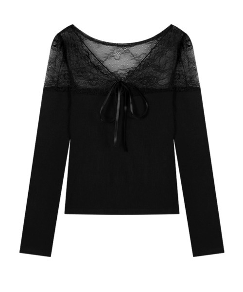 VIVID LADY（ビビッドレディー）の「レース切替 リボン付き カップインリブトップス（Tシャツ/カットソー・レディース・ブラウン/ホワイト/ブラック・FREE）」の19枚目の写真