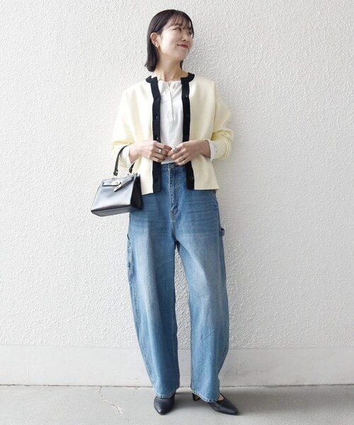 SHIPS any（シップス エニィ）の「SHIPS any:〈手洗い可能〉バイカラー スキッパー ニット カーディガン（カーディガン/ボレロ・レディース・ネイビー/その他/オフホワイト・ONE SIZE）」の4枚目の写真