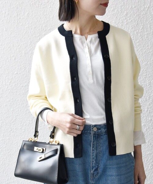 SHIPS any（シップス エニィ）の「SHIPS any:〈手洗い可能〉バイカラー スキッパー ニット カーディガン（カーディガン/ボレロ・レディース・ネイビー/その他/オフホワイト・ONE SIZE）」の6枚目の写真