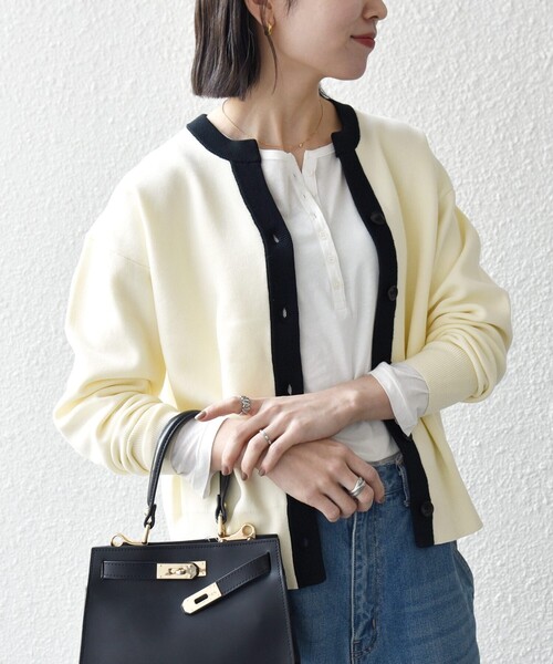 SHIPS any（シップス エニィ）の「SHIPS any:〈手洗い可能〉バイカラー スキッパー ニット カーディガン（カーディガン/ボレロ・レディース・ネイビー/その他/オフホワイト・ONE SIZE）」の7枚目の写真