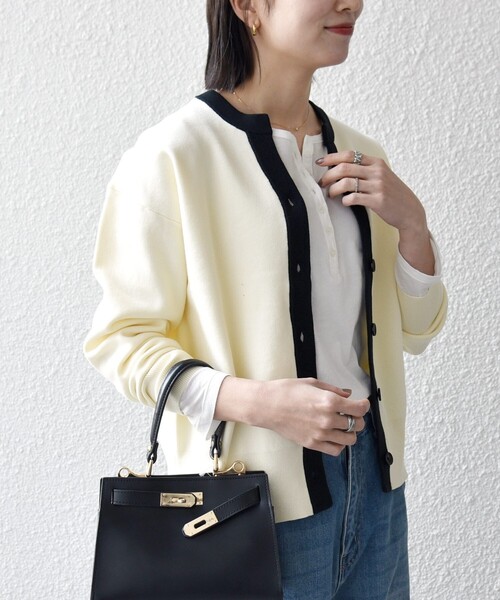 SHIPS any（シップス エニィ）の「SHIPS any:〈手洗い可能〉バイカラー スキッパー ニット カーディガン（カーディガン/ボレロ・レディース・ネイビー/その他/オフホワイト・ONE SIZE）」の8枚目の写真