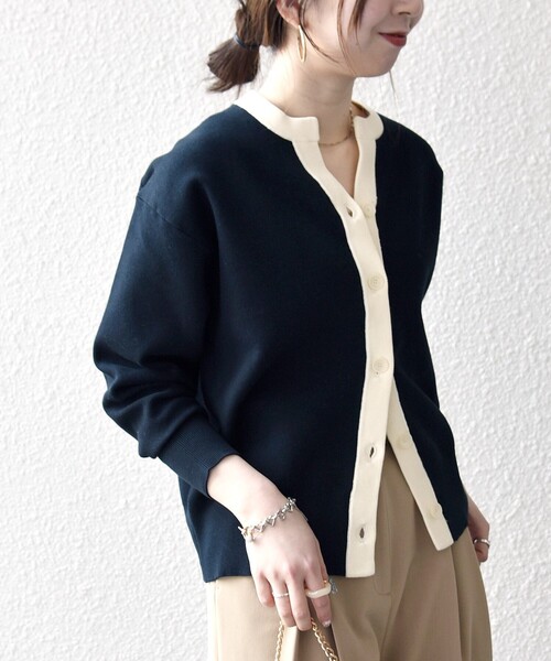 SHIPS any（シップス エニィ）の「SHIPS any:〈手洗い可能〉バイカラー スキッパー ニット カーディガン（カーディガン/ボレロ・レディース・ネイビー/その他/オフホワイト・ONE SIZE）」の13枚目の写真