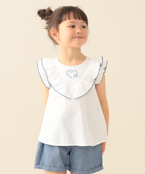 BEAMS mini(ビームスミニ)の「刺繍 フリル プルオーバー セット 2026SS(90~140cm)通学 プチプラ 定番 セットアップ(サロペット/オーバーオール・キッズ・ブルー系その他/オフホワイト・140/120/100/90/110/150/130)」の3枚目の写真