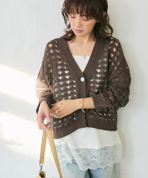 RIVE DROITE(リヴドロワ)の「予約【夏まで使える】透かし編みカーディガン(カーディガン/ボレロ・レディース・ブラウン/サックスブルー・FREE)」の1枚目の写真