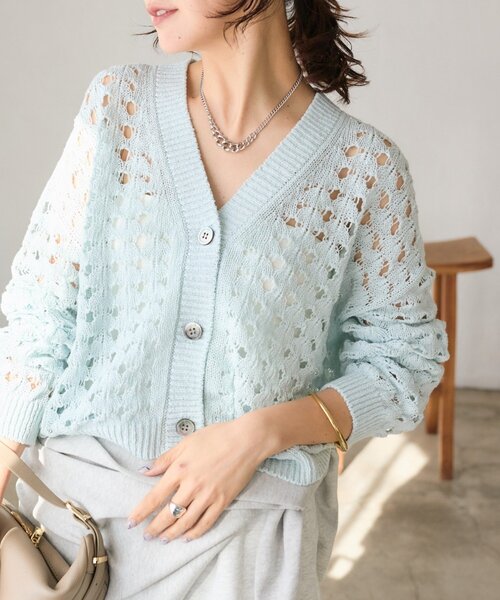 RIVE DROITE(リヴドロワ)の「予約【夏まで使える】透かし編みカーディガン(カーディガン/ボレロ・レディース・ブラウン/サックスブルー・FREE)」の2枚目の写真