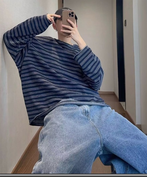 WESTBOY(ウエストボーイ)の「オーバーサイズ ルーズフィット ボーダー カットソー ロングスリーブTシャツ WO26S7TP01(Tシャツ/カットソー・メンズ・グレー/ネイビー・XL/L)」の2枚目の写真