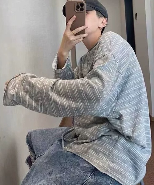WESTBOY(ウエストボーイ)の「オーバーサイズ ルーズフィット ボーダー カットソー ロングスリーブTシャツ WO26S7TP01(Tシャツ/カットソー・メンズ・グレー/ネイビー・XL/L)」の1枚目の写真