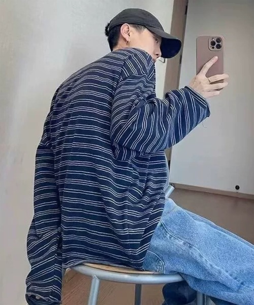 WESTBOY(ウエストボーイ)の「オーバーサイズ ルーズフィット ボーダー カットソー ロングスリーブTシャツ WO26S7TP01(Tシャツ/カットソー・メンズ・グレー/ネイビー・XL/L)」の3枚目の写真