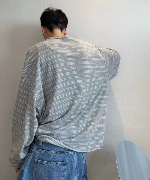 WESTBOY(ウエストボーイ)の「オーバーサイズ ルーズフィット ボーダー カットソー ロングスリーブTシャツ WO26S7TP01(Tシャツ/カットソー・メンズ・グレー/ネイビー・XL/L)」の4枚目の写真