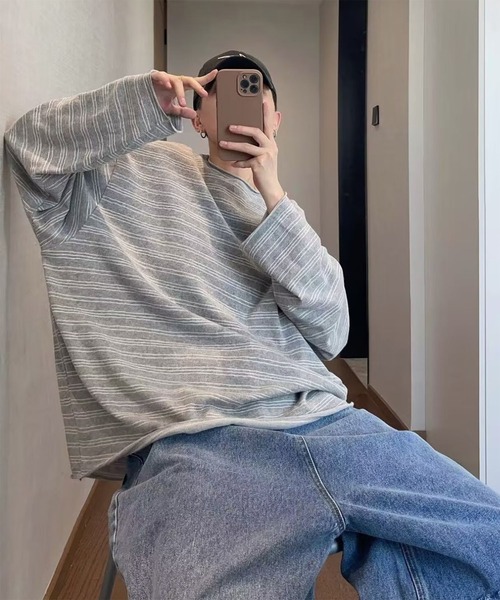 WESTBOY(ウエストボーイ)の「オーバーサイズ ルーズフィット ボーダー カットソー ロングスリーブTシャツ WO26S7TP01(Tシャツ/カットソー・メンズ・グレー/ネイビー・XL/L)」の5枚目の写真