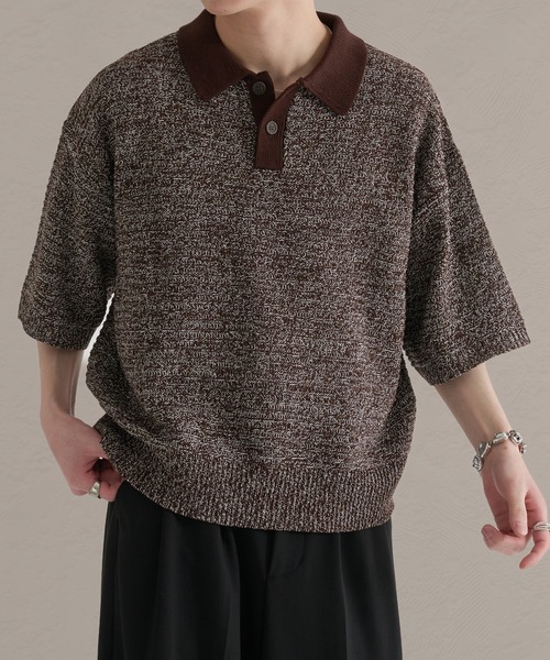 epnok（エプノック）の「ガーター編みルーズ半袖ニットポロ（ポロシャツ・メンズ・ブラウン系その他/グレー系その他/ブラック・LARGE/MEDIUM/SMALL）」の3枚目の写真