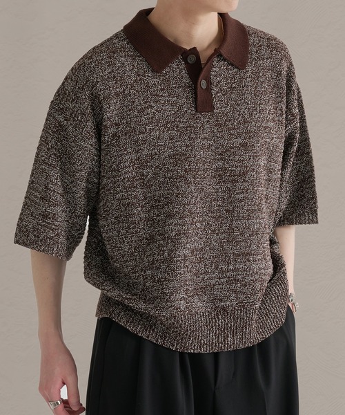 epnok（エプノック）の「ガーター編みルーズ半袖ニットポロ（ポロシャツ・メンズ・ブラウン系その他/グレー系その他/ブラック・LARGE/MEDIUM/SMALL）」の4枚目の写真