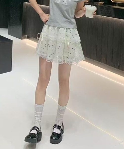SHEPP(シープ)の「ドット柄 チュールレース フリルミニスカート(スカート・レディース・アイボリー・S/M)」の11枚目の写真