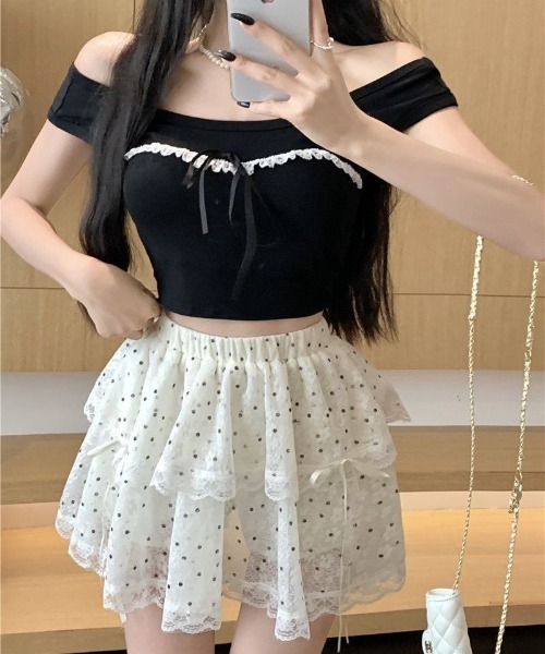 SHEPP(シープ)の「ドット柄 チュールレース フリルミニスカート(スカート・レディース・アイボリー・S/M)」の8枚目の写真