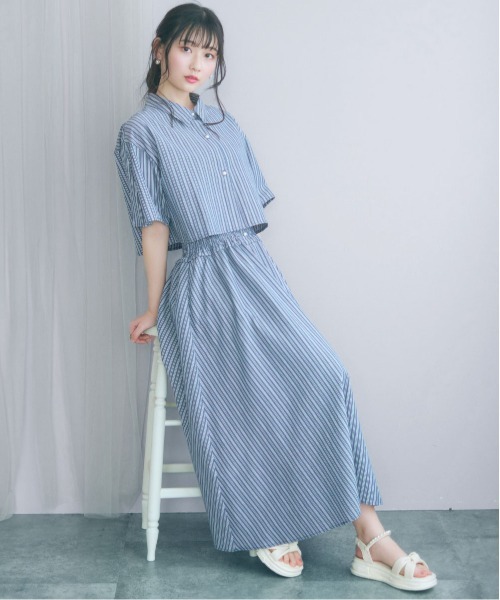 marun(マルン)の「<大きいサイズ>2点セット(ストライプシャツ+キャミワンピース) marun(ワンピース・レディース・ネイビー系/アイボリー系・L/5L/4L/3L/LL)」の1枚目の写真