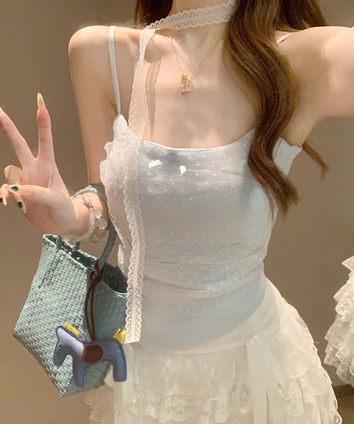Lace Ladies(レースレディース)の「ドット リボン レース カップ付き キャミソール(キャミソール・レディース・ブルー/アイボリー/ブラック/ホワイト・FREE)」の11枚目の写真