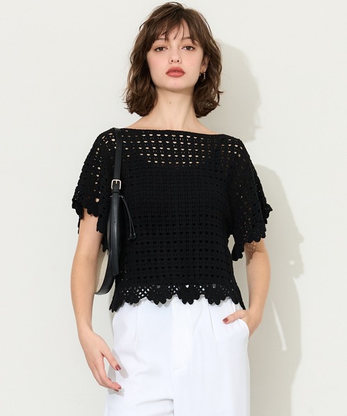 coca(coca)(コカ)の「フレアスリーブクロシェ半袖ニット(ニット/セーター・レディース・ブラック/アイボリー・ONE SIZE)」の10枚目の写真