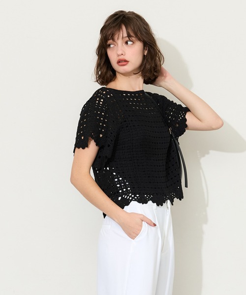 coca(coca)(コカ)の「フレアスリーブクロシェ半袖ニット(ニット/セーター・レディース・ブラック/アイボリー・ONE SIZE)」の11枚目の写真