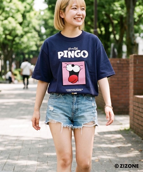 1111clothing（ワンフォークロージング）の「【ZIZONE / ジゾーン】PINGO フェイス プリント ビッグシルエット 半袖Tシャツ（3Dステッカー付き/正規ライセンス）（Tシャツ/カットソー・レディース・ピンク/ネイビー・S/L/M）」の3枚目の写真
