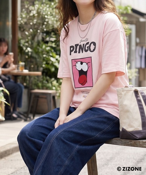 1111clothing（ワンフォークロージング）の「【ZIZONE / ジゾーン】PINGO フェイス プリント ビッグシルエット 半袖Tシャツ（3Dステッカー付き/正規ライセンス）（Tシャツ/カットソー・レディース・ピンク/ネイビー・S/L/M）」の8枚目の写真