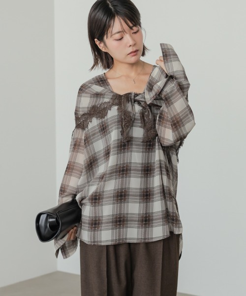 Bab（バブ）の「オンブレチェックシアーシャツ（Tシャツ/カットソー・レディース・ブラウン/ブラック・M）」の8枚目の写真