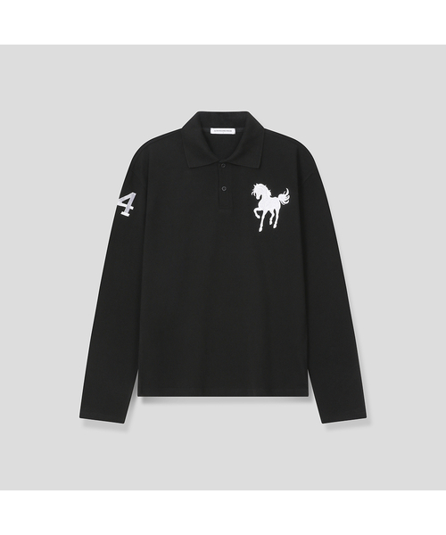 SLOW RECORD HOUSE（スローレコードハウス）の「ホース刺繍クロップ長袖カラーTシャツ_ブラック（ポロシャツ・レディース・ホワイト/レッド・1/2）」の2枚目の写真