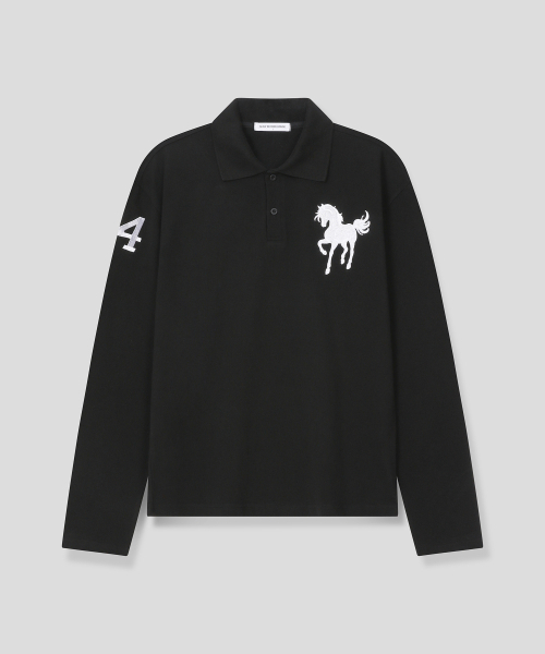 SLOW RECORD HOUSE（スローレコードハウス）の「ホース刺繍クロップ長袖カラーTシャツ_ブラック（ポロシャツ・レディース・ホワイト/レッド・1/2）」の5枚目の写真