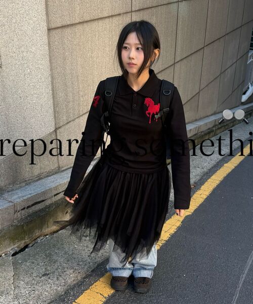 SLOW RECORD HOUSE（スローレコードハウス）の「ホース刺繍クロップ長袖カラーTシャツ_ブラック（ポロシャツ・レディース・ホワイト/レッド・1/2）」の8枚目の写真