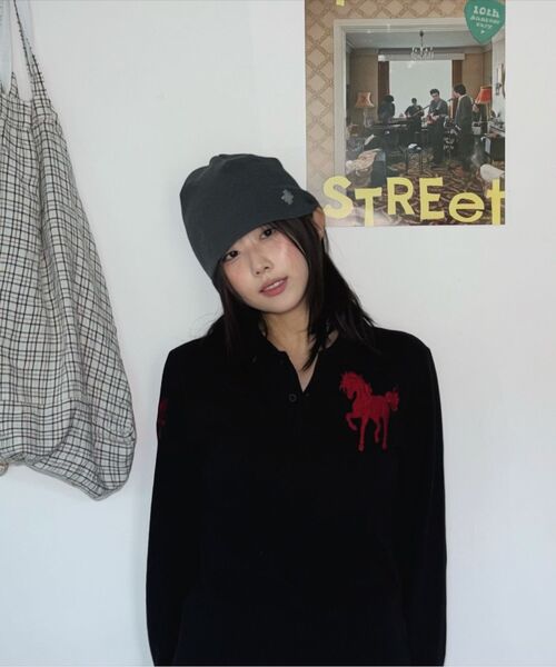 SLOW RECORD HOUSE（スローレコードハウス）の「ホース刺繍クロップ長袖カラーTシャツ_ブラック（ポロシャツ・レディース・ホワイト/レッド・1/2）」の9枚目の写真