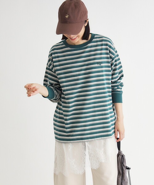 HONEYSUCKLE ROSE(ハニーサックルローズ)の「《体型カバー》マルチボーダーロンTシャツ(Tシャツ/カットソー・レディース・グリーン/ライトパープル・05/04)」の1枚目の写真