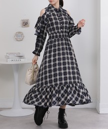 フリル袖デザイン チェック柄ティアードロングワンピース