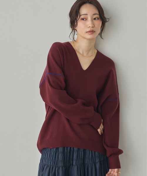hunch(ハンチ)の「【静電気防止】やわもちヤーン 配色ライン ドロップショルダーニット(ニット/セーター・レディース・ブラック/グレー/バーガンディー・FREE)」の3枚目の写真