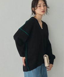 【静電気防止】やわもちヤーン 配色ライン ドロップショルダーニット