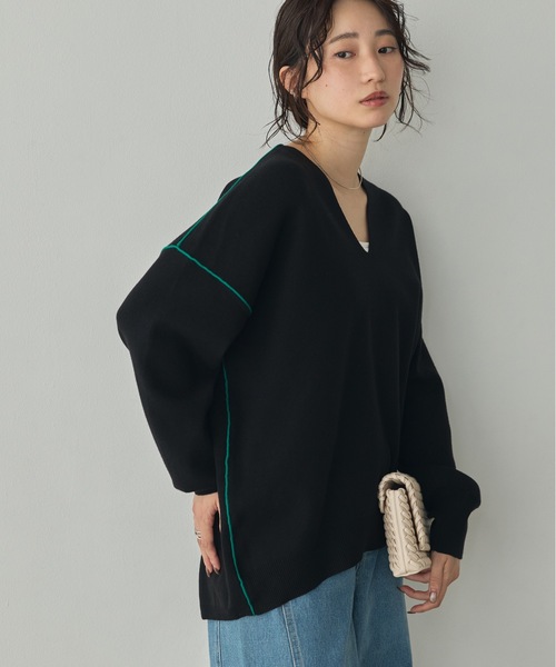 hunch(ハンチ)の「【静電気防止】やわもちヤーン 配色ライン ドロップショルダーニット(ニット/セーター・レディース・ブラック/グレー/バーガンディー・FREE)」の2枚目の写真