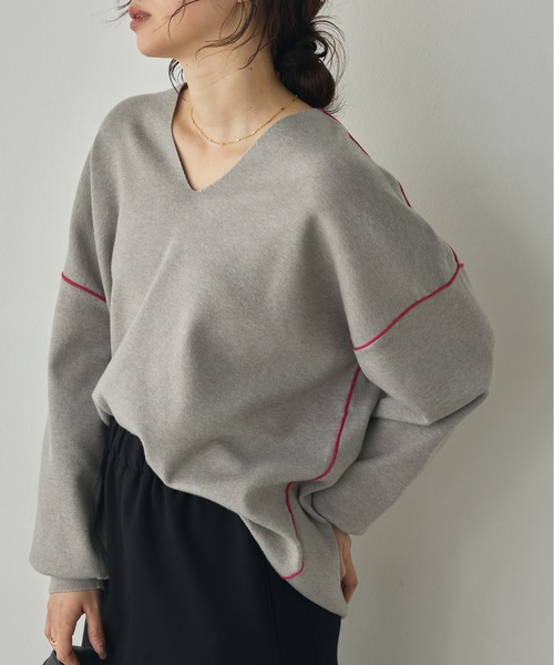 hunch(ハンチ)の「【静電気防止】やわもちヤーン 配色ライン ドロップショルダーニット(ニット/セーター・レディース・ブラック/グレー/バーガンディー・FREE)」の17枚目の写真