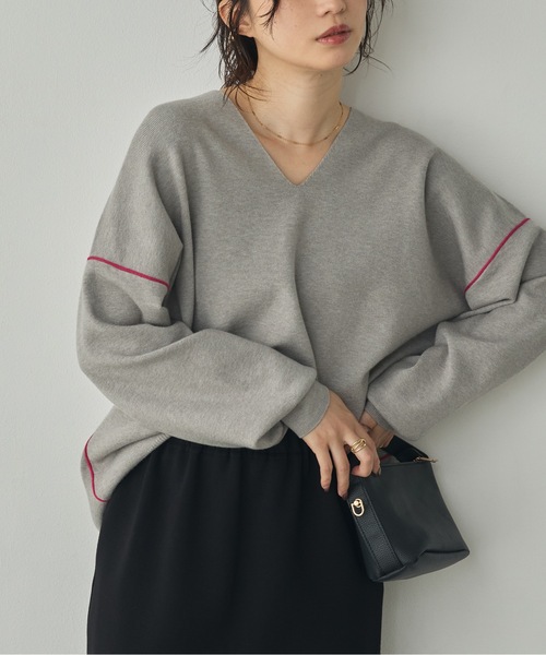 hunch(ハンチ)の「【静電気防止】やわもちヤーン 配色ライン ドロップショルダーニット(ニット/セーター・レディース・ブラック/グレー/バーガンディー・FREE)」の18枚目の写真