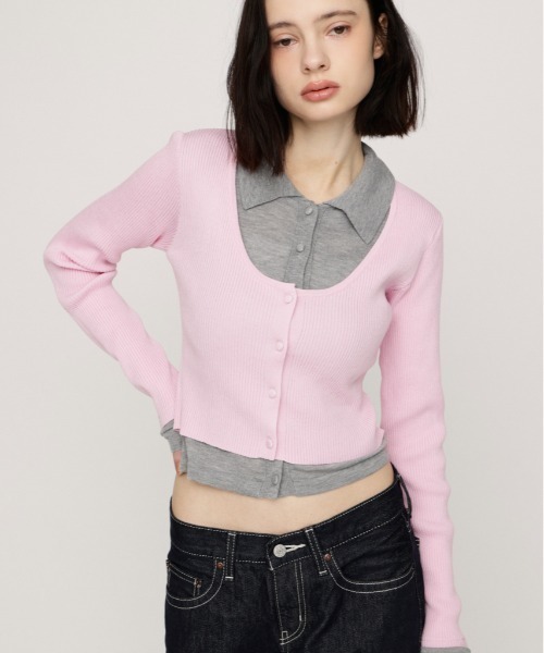 SLY(スライ)の「【WEB限定】LAYERED LIKE KNIT TOPS レイヤードライクニットトップス 秋服(ニット/セーター・レディース・ネイビー/アイボリー/杢グレー/ライトピンク・FREE)」の1枚目の写真