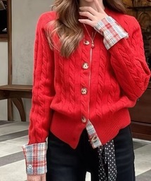チェック切り替えケーブルニットカーディガン
