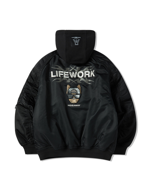 LIFE WORK(ライフワーク)の「企画) ユニセックス) MA-1ジャケット ヒップドッグフード フライトジャケット(ブルゾン・レディース・ブラック・X-SMALL/MEDIUM/LARGE/X-LARGE)」の2枚目の写真