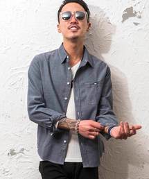 綿麻ワッフル織り長袖シャツ カジュアルシャツ ネルシャツ